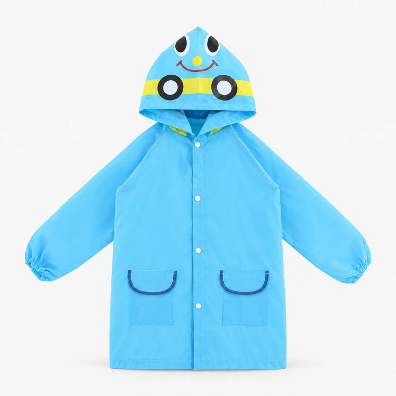 Blue hooded rain jacket laid flat with arms out, showing a smiling face and yellow stripe on the hood. 2