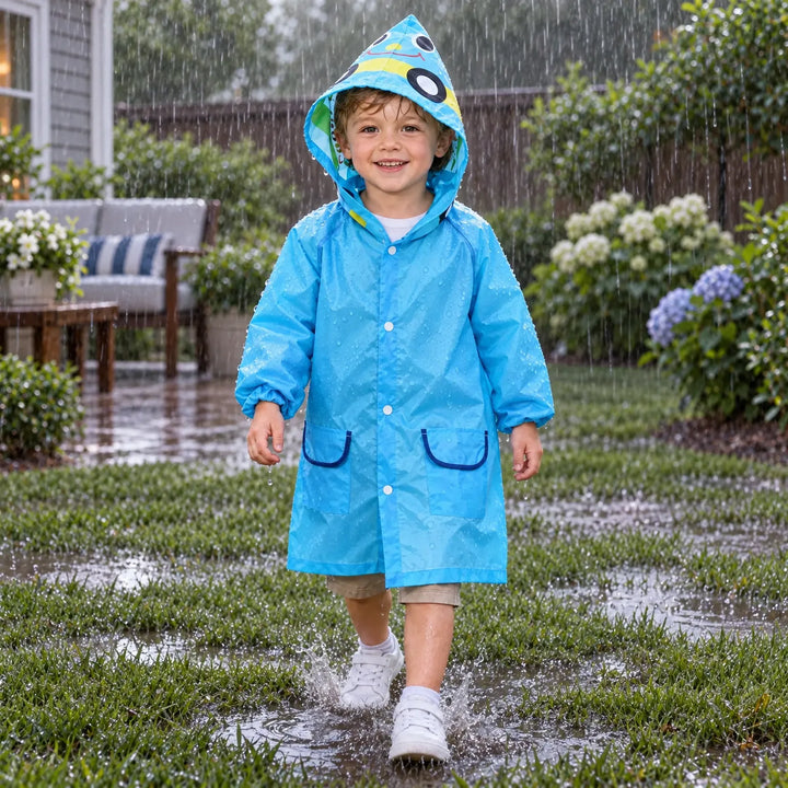 Smiling child in the blue rain jacket with hood up, splashing through a puddle in a rainy garden. 3