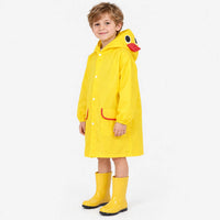 Boy in the yellow duck rain jacket with red beak hood and yellow rubber boots, shown from the side. 5