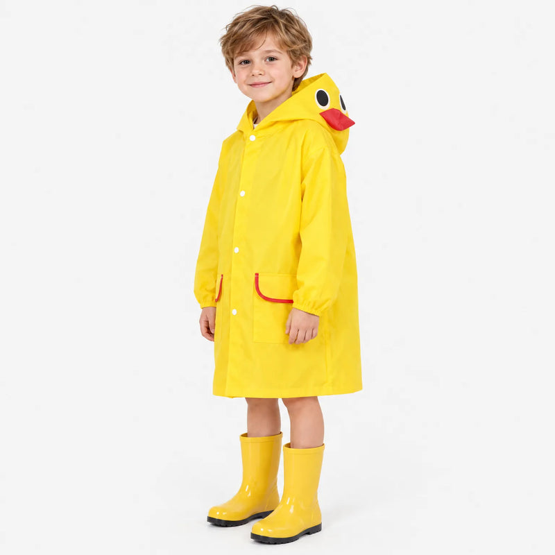 Boy in the yellow duck rain jacket with red beak hood and yellow rubber boots, shown from the side. 5