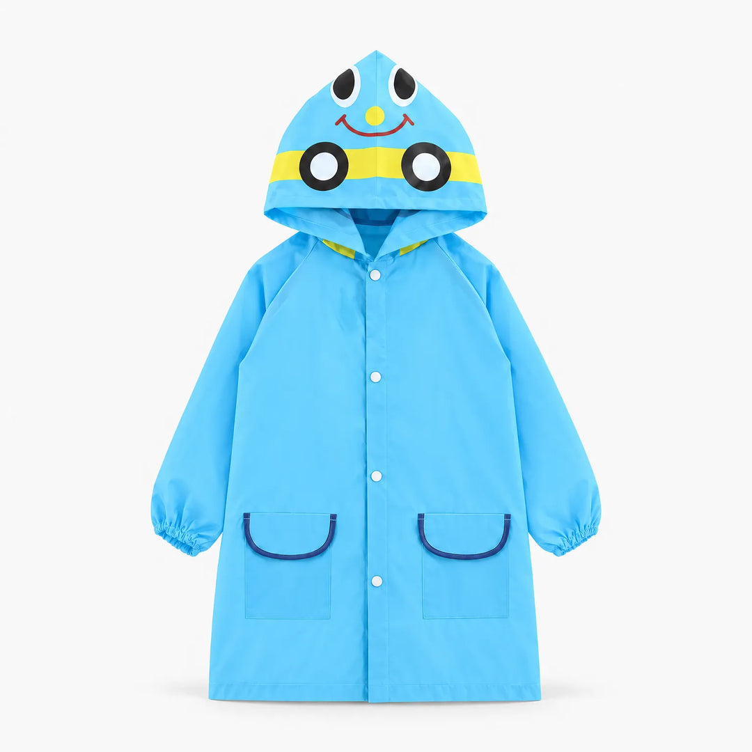 Blue hooded rain jacket on a plain background, front view with snap buttons, elastic cuffs and two navy-trimmed pockets. 7