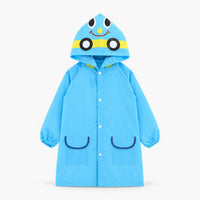Blue hooded rain jacket on a plain background, front view with snap buttons, elastic cuffs and two navy-trimmed pockets. 7