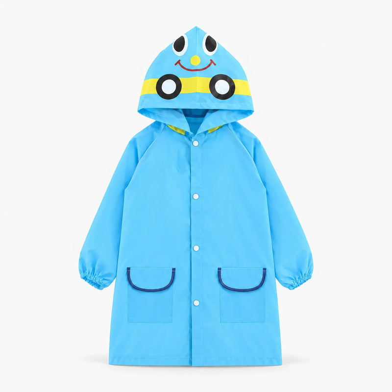Blue hooded rain jacket on a plain background, front view with snap buttons, elastic cuffs and two navy-trimmed pockets. 7