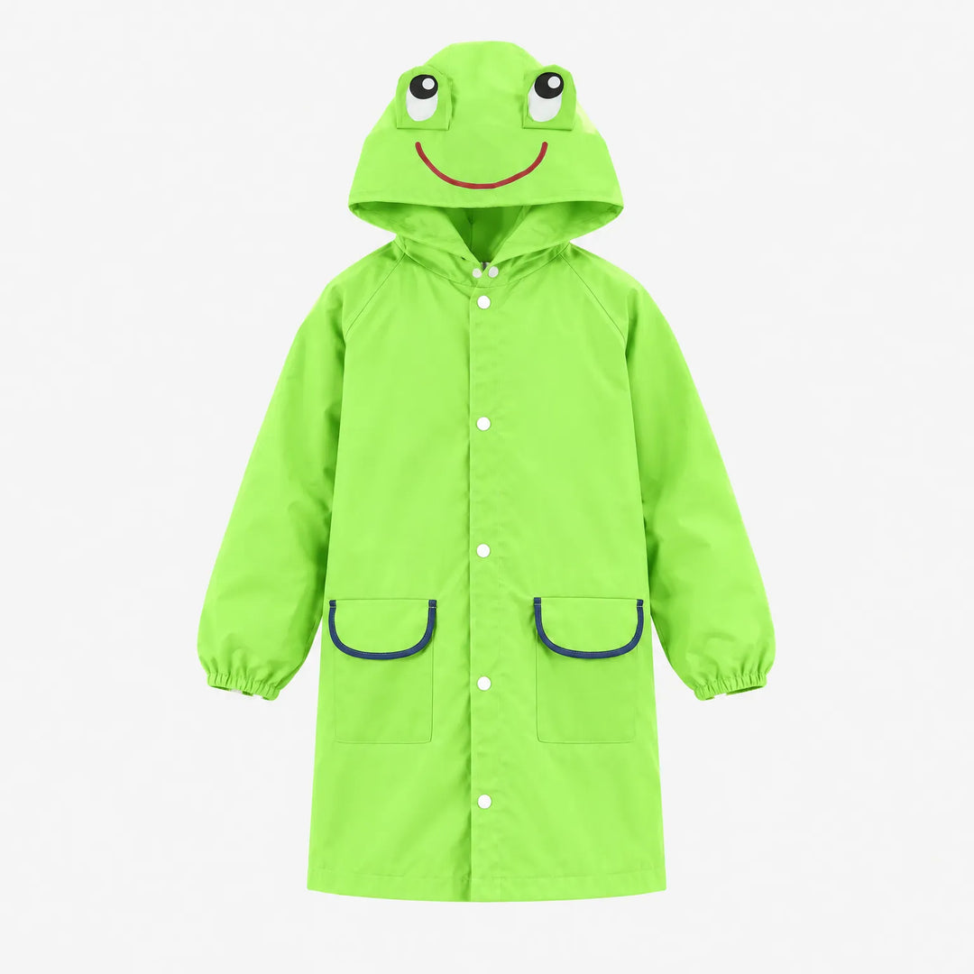 Green frog rain jacket with a smiling face and raised eyes on the hood, front view with snaps and navy-trimmed pockets. 8