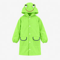 Green frog rain jacket with a smiling face and raised eyes on the hood, front view with snaps and navy-trimmed pockets. 8
