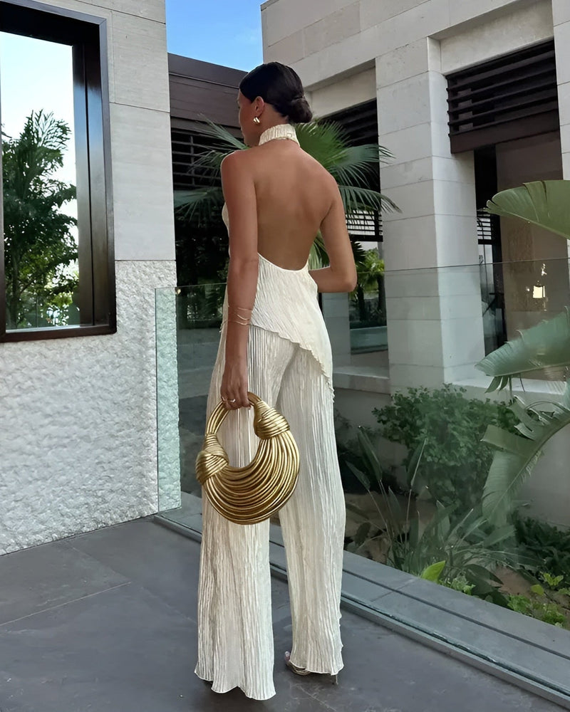 Pleated Halter Wide Leg Jumpsuit - Angie