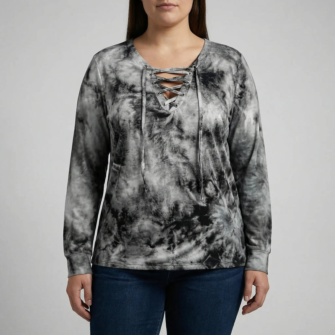 Plus Size Tie-Dye Lace-Up Top - Doreen