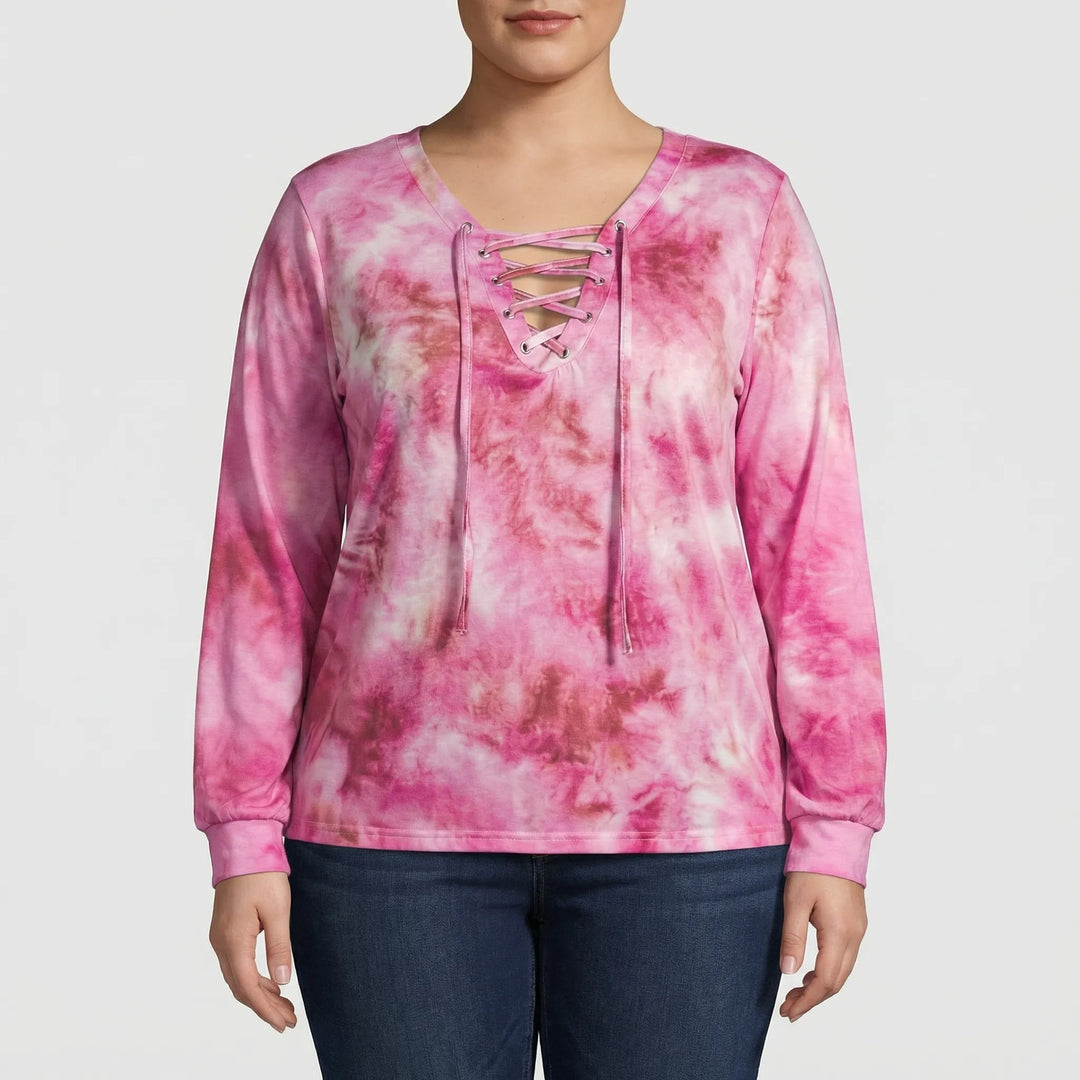 Plus Size Tie-Dye Lace-Up Top - Doreen
