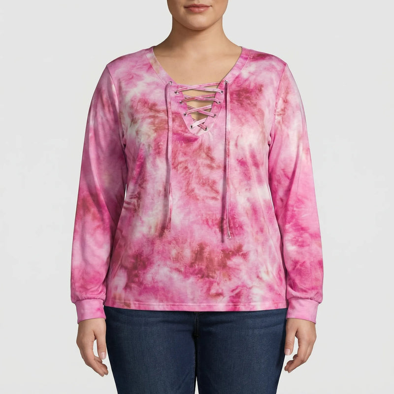 Plus Size Tie-Dye Lace-Up Top - Doreen
