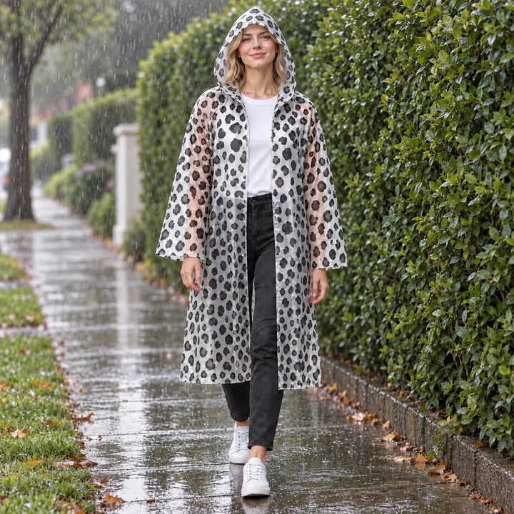 Model walking in the rain along a hedge-lined path, wearing the translucent hooded raincoat with a black leopard spot print. 1