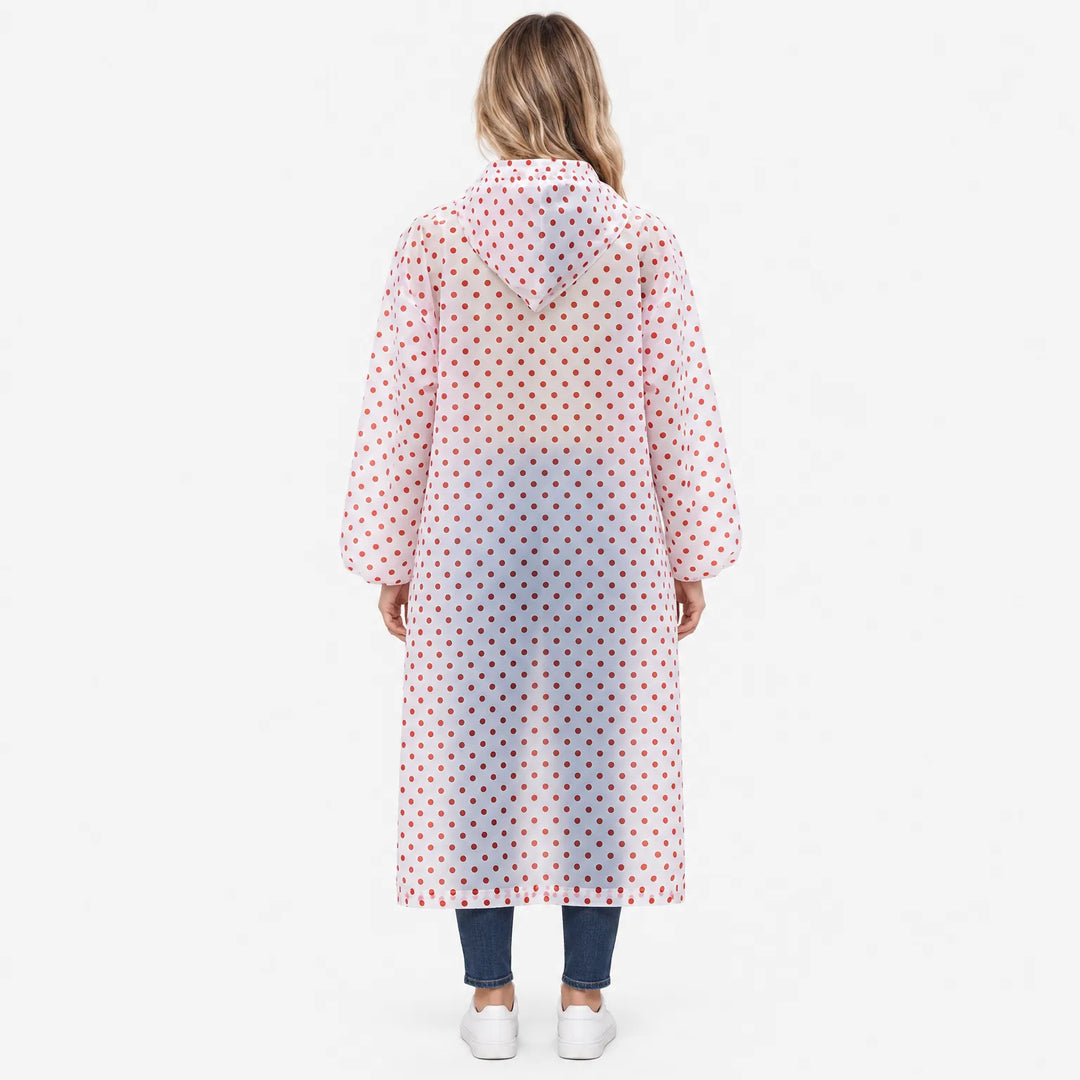 Back view of the translucent red polka dot raincoat, showing the hood, gathered long sleeves and full length. 4