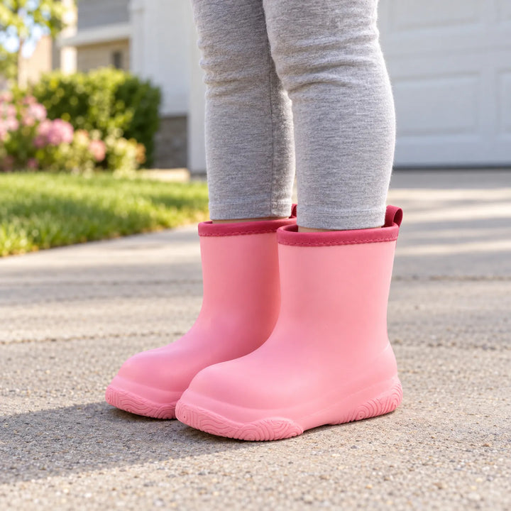 Child in grey leggings wearing pink pull-on wellies with a darker pink collar, standing on a sunny driveway beside flowering shrubs. 1