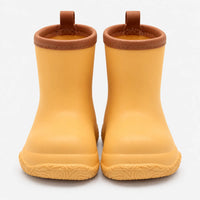 Front view of a pair of yellow-orange wellies with brown stitched collars, brown pull loops and a swirl-patterned sole. 11