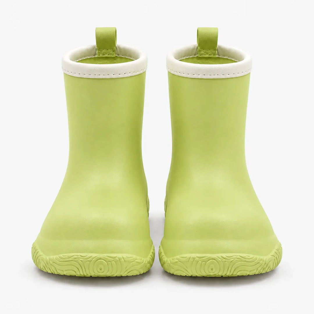 Front view of a pair of light green wellies with cream collars, pull loops and a swirl-patterned sole. 7