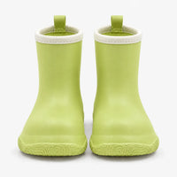 Front view of a pair of light green wellies with cream collars, pull loops and a swirl-patterned sole. 7