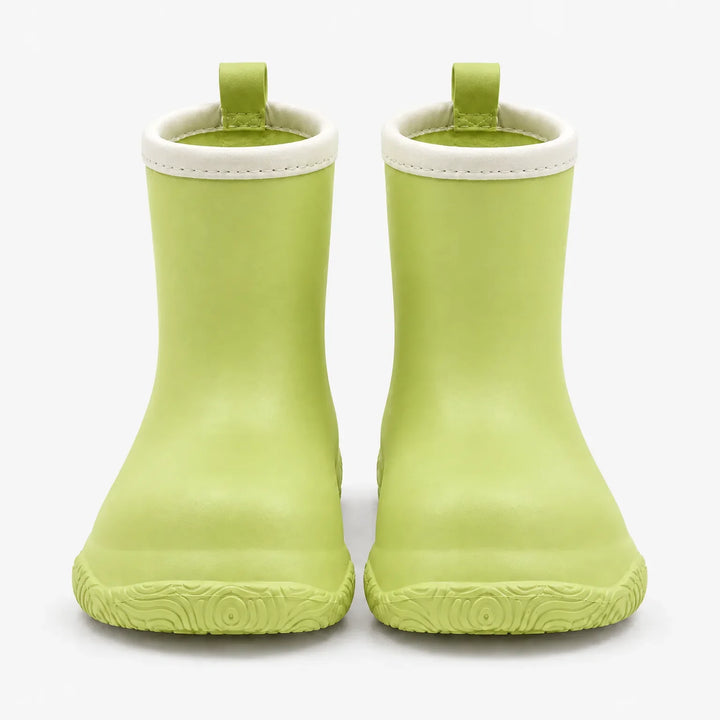 Front view of a pair of light green wellies with cream collars, pull loops and a swirl-patterned sole. 7