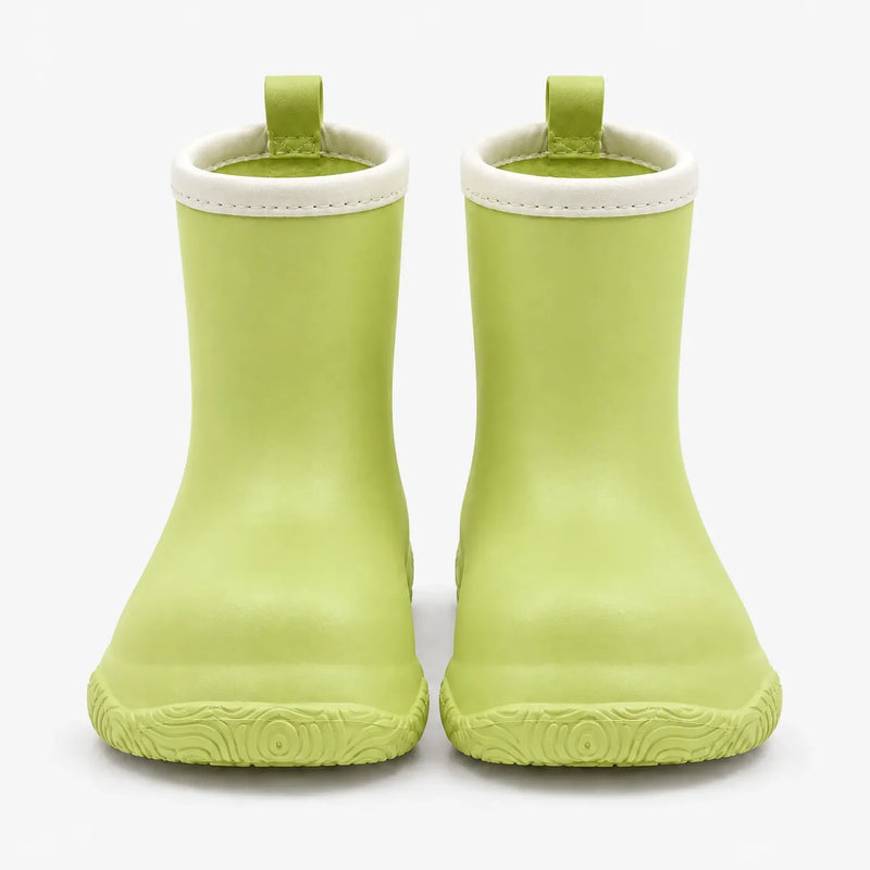 Front view of a pair of light green wellies with cream collars, pull loops and a swirl-patterned sole. 7