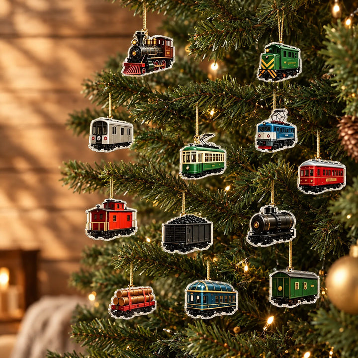 Colourful train and railcar ornaments in steam, tram and freight shapes hanging from gold cords on a lit Christmas tree. 1