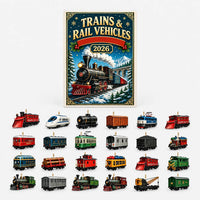 Gift box with a steam locomotive winter scene above a grid of twenty-four small train and railcar ornaments. 2