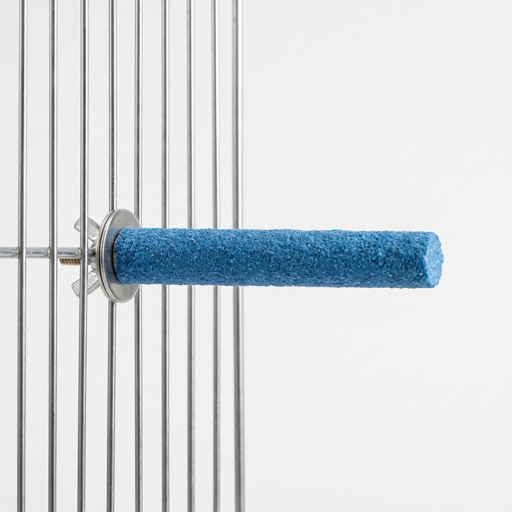 Blue gritty perch fixed horizontally to metal cage bars with a washer and wing nut, shown against a plain background. 1