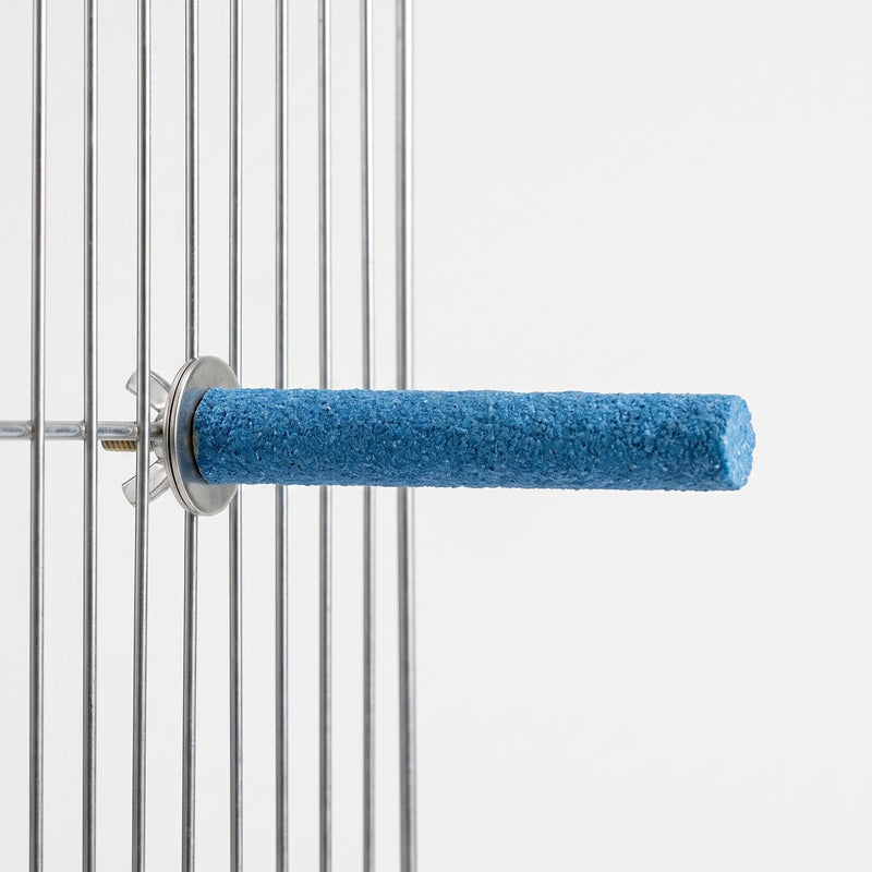 Blue gritty perch fixed horizontally to metal cage bars with a washer and wing nut, shown against a plain background. 1