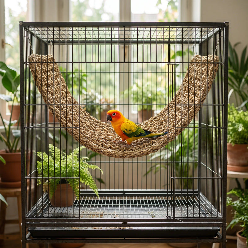 Orange and yellow parrot perched on the woven hammock inside a large black cage, surrounded by houseplants by a window. 2