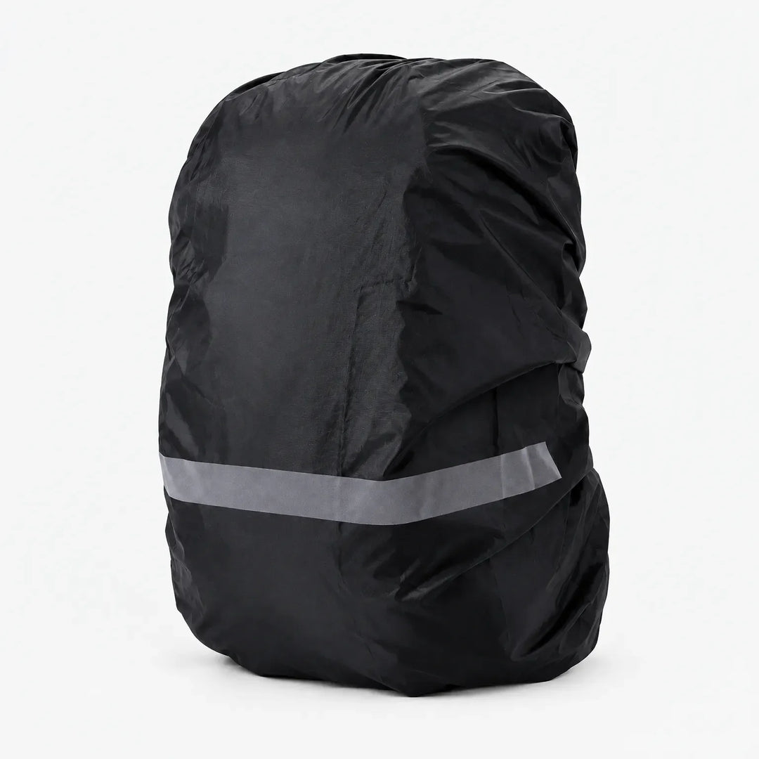 Black rucksack cover with a grey reflective stripe across the lower part, shown on a plain white background. 10