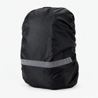 Black rucksack cover with a grey reflective stripe across the lower part, shown on a plain white background. 10