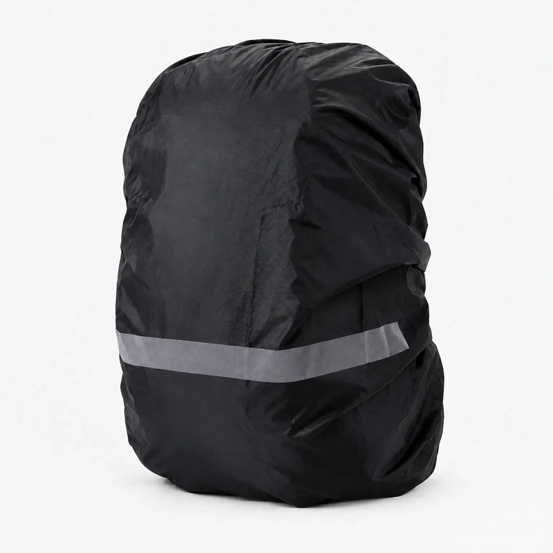 Black rucksack cover with a grey reflective stripe across the lower part, shown on a plain white background. 10