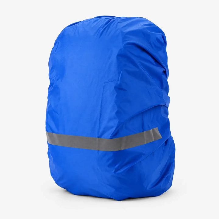 Blue rucksack cover with a grey reflective stripe across the lower part, shown on a plain white background. 2