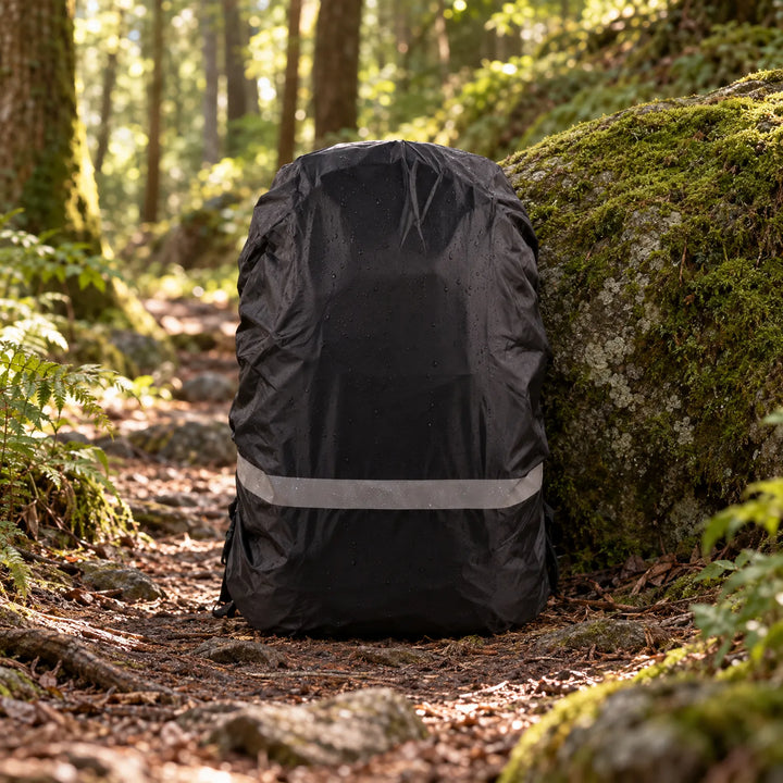 Black cover with beaded raindrops and a reflective stripe on a rucksack standing on a forest trail beside a mossy rock. 3