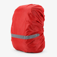 Red rucksack cover with a grey reflective stripe near the bottom, shown at an angle on a white background. 4