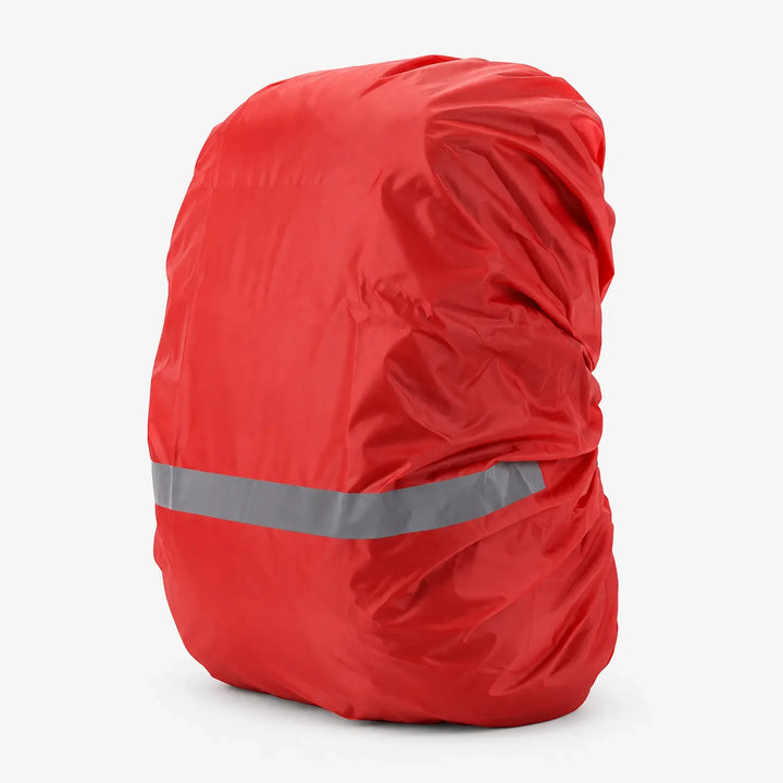Red rucksack cover with a grey reflective stripe near the bottom, shown at an angle on a white background. 4