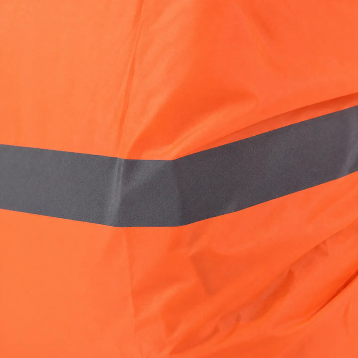 Close-up detail of an orange fabric cover with a grey reflective stripe running across it. 5