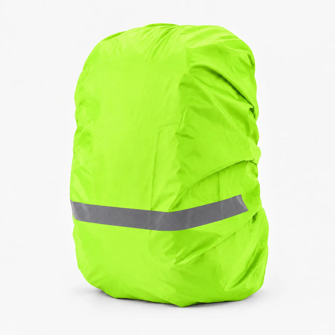 Bright neon green rucksack cover with a grey reflective stripe, shown on a plain white background. 6
