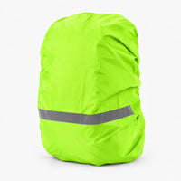 Bright neon green rucksack cover with a grey reflective stripe, shown on a plain white background. 6