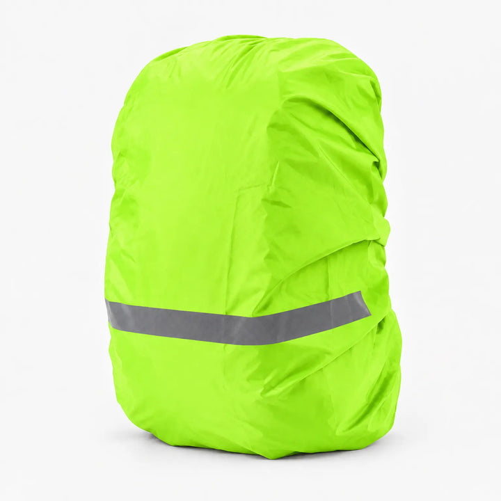 Bright neon green rucksack cover with a grey reflective stripe, shown on a plain white background. 6