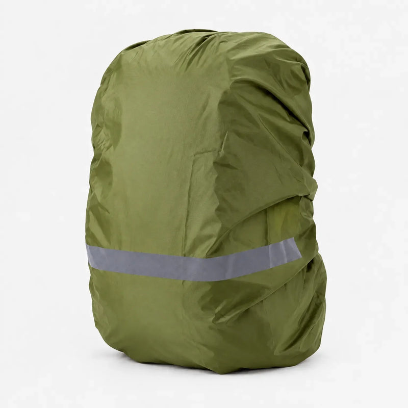 Olive green rucksack cover with a grey reflective stripe near the base, shown on a plain white background. 8