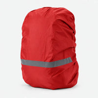 Deep red rucksack cover with a grey reflective stripe near the bottom, shown angled on a white background. 9