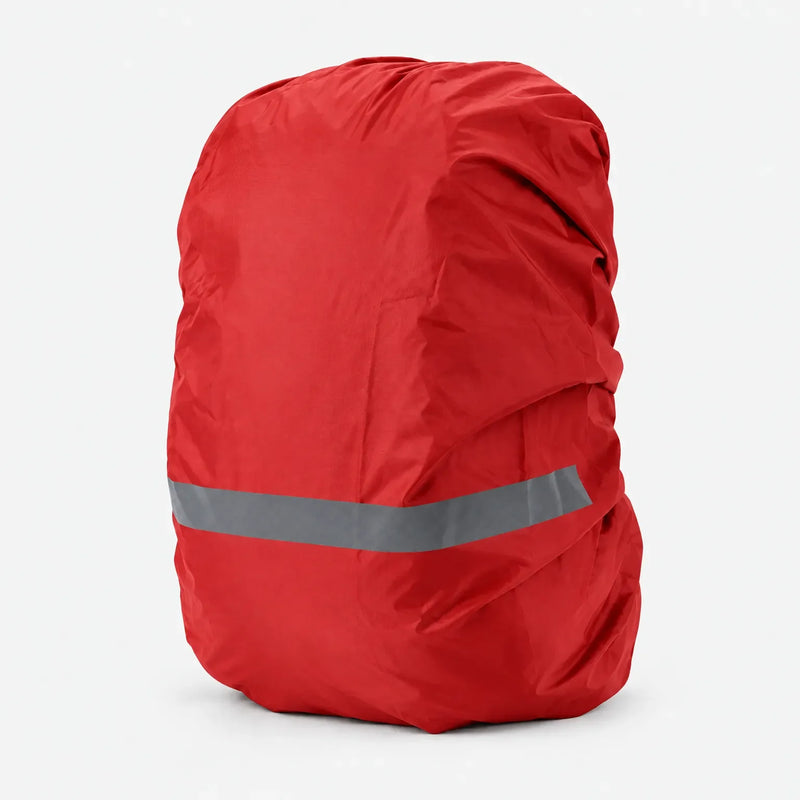 Deep red rucksack cover with a grey reflective stripe near the bottom, shown angled on a white background. 9