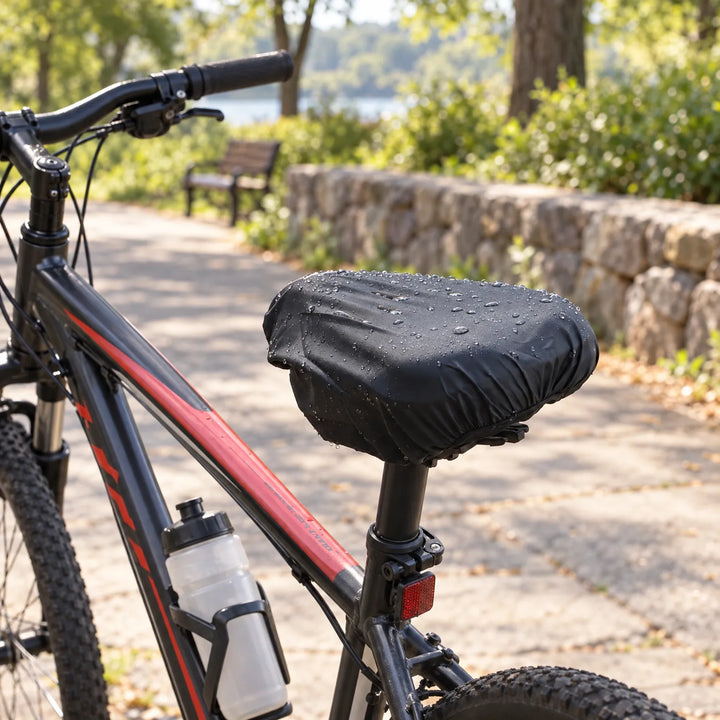 Black saddle cover with raindrops fitted on a mountain bike on a park path, bottle cage and reflector visible. 3