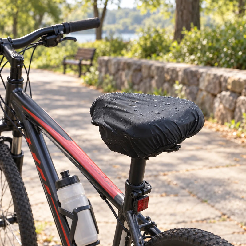 Black saddle cover with raindrops fitted on a mountain bike on a park path, bottle cage and reflector visible. 3