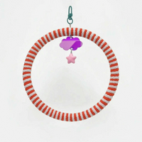 Ring swing wrapped in red-orange and white rope, with a green clip, a purple mirrored cloud charm and a pink star. 6