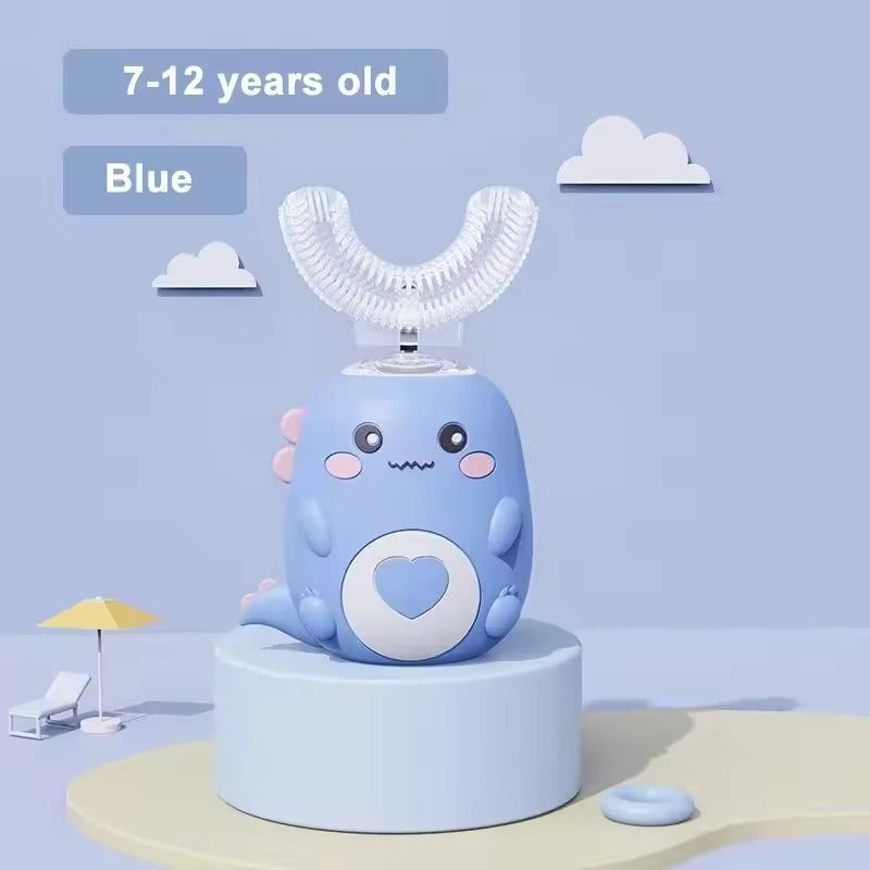 U-shaped children's toothbrush with sonic cleaning and a silicone brush head.