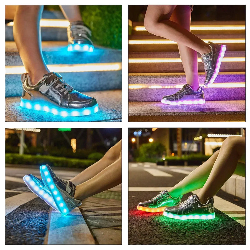 Children's LED sneakers with a colour-changing light effect when walking.