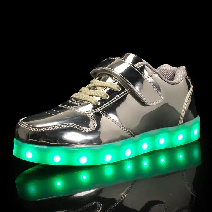 Children's LED sneakers with a colour-changing light effect when walking.
