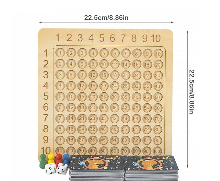 Learning game: wooden board for the 1–10 times tables with cards and dice