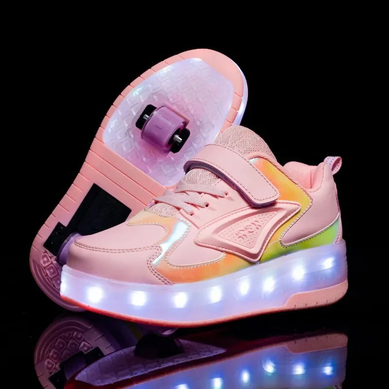Children's roller skates with LED lights and removable wheels.
