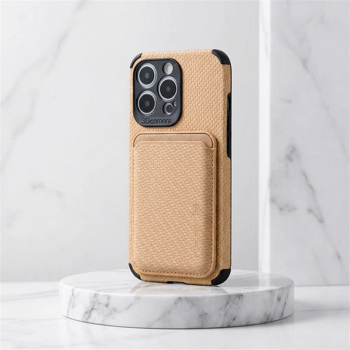 Tan woven-texture case with card holder standing on a round marble plinth 3