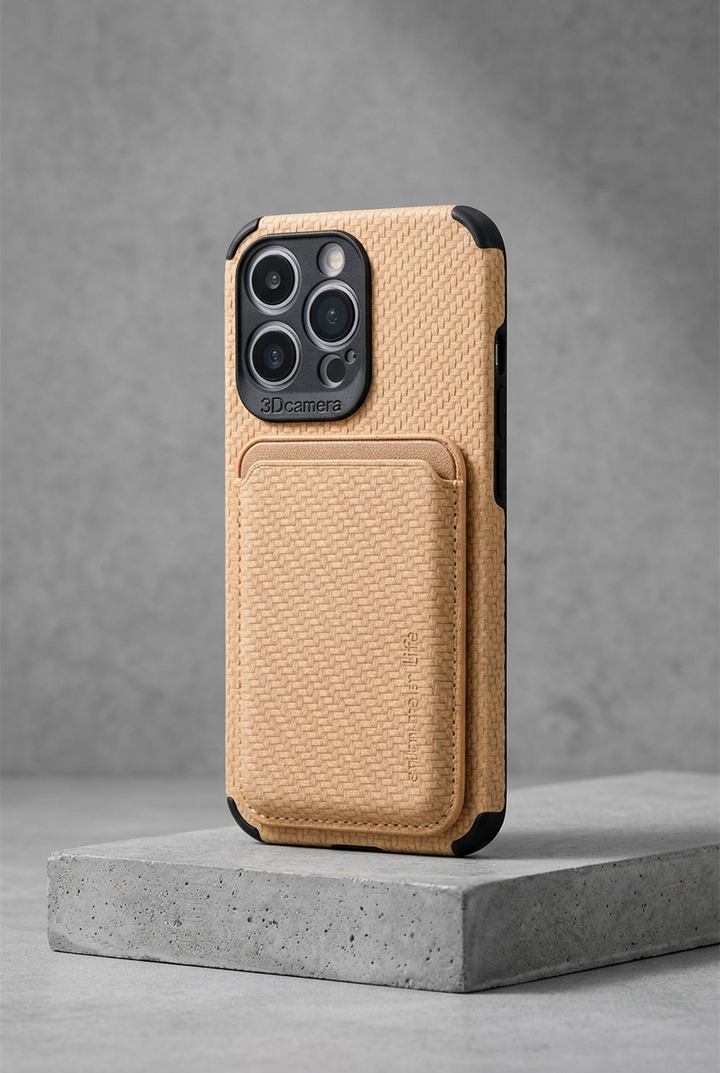 Tan woven-textured phone case with attached card holder, standing on a concrete block 2